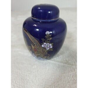 Cobalt Blue Oriental Asian 5.5 in Ginger Jar Pheasant Floral Bamboo Includes Lid